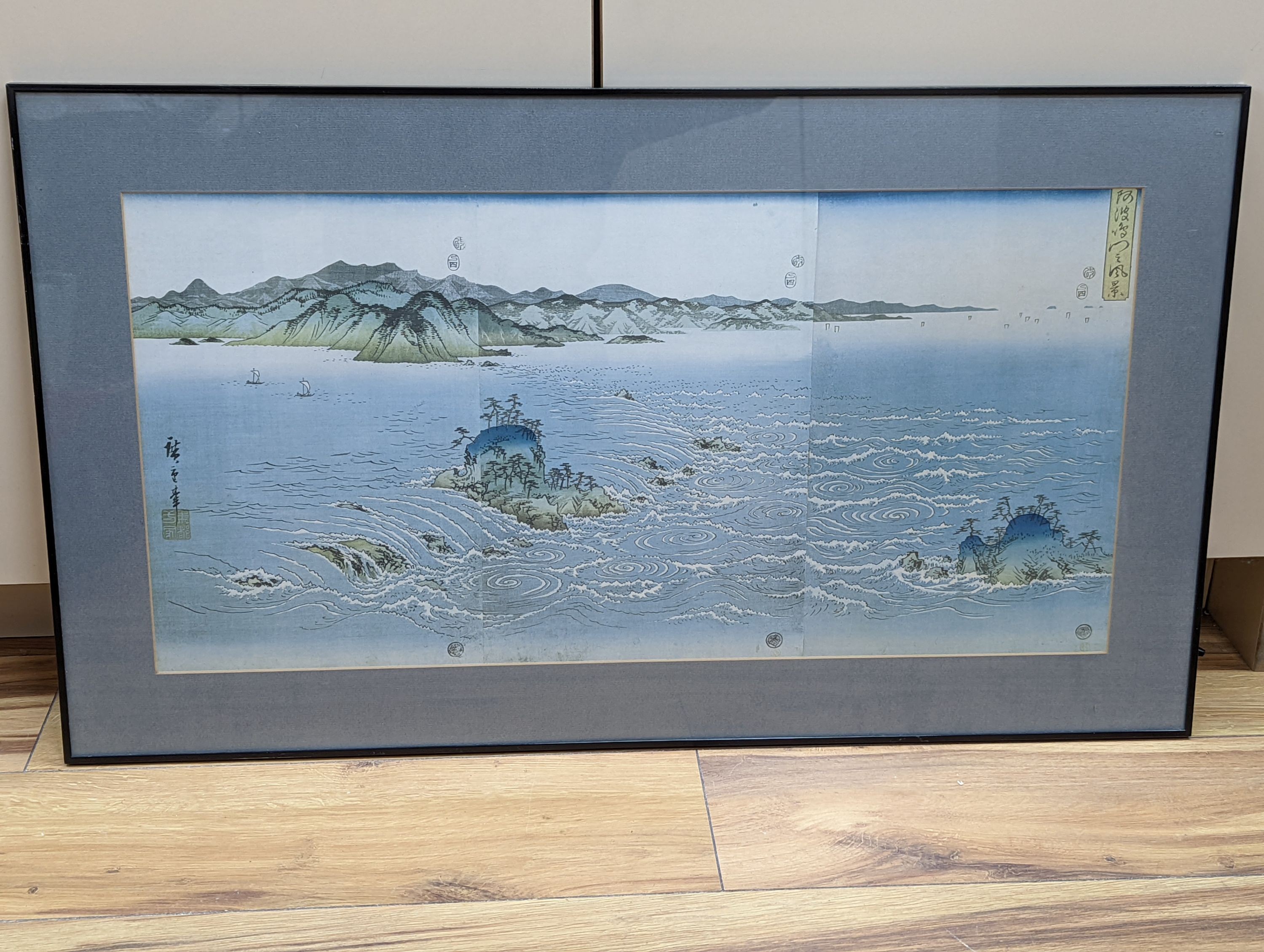 Japanese School, woodblock triptych, Coastal landscape, overall 32 x 66cm